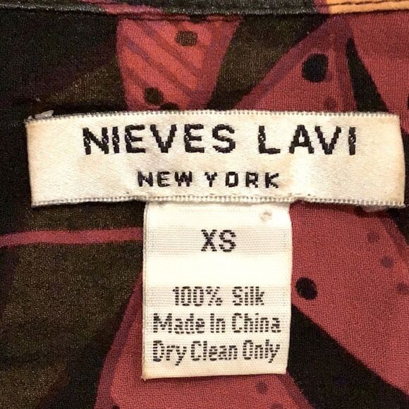 Nieves Lavi 100% Silk Black Red Yellow Tribal Tropical Semi Sheer Tunic Blouse - Picture 11 of 12